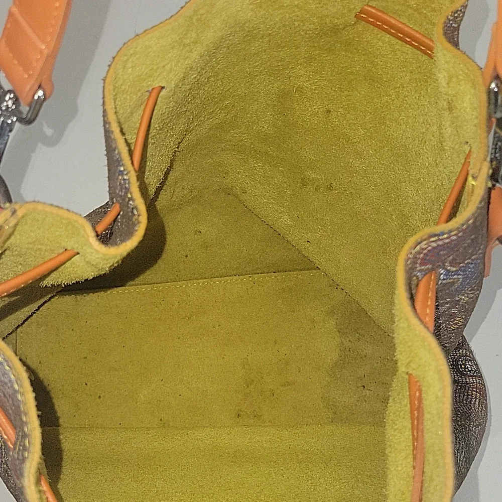 Innue Multicolor Floral Leather Drawstring Bucket Bag with Orange Trim